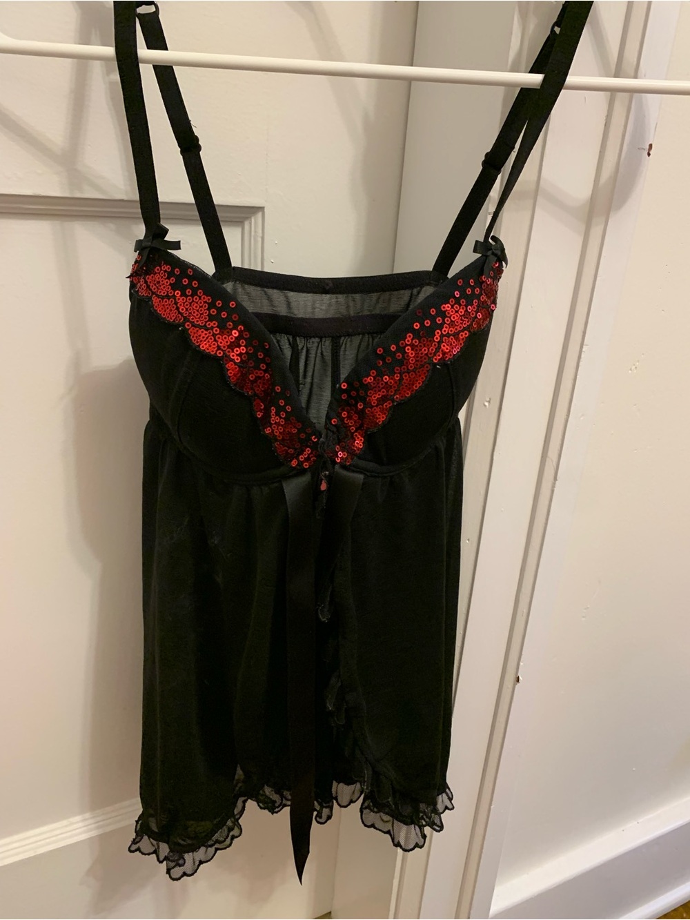 La SENZA Black Chemise with Red Sequin Lace Trim